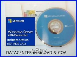 Microsoft Windows Server 2016 DATACENTER 16CRS 64Bit DVD & COA +50 RDS USER CAL