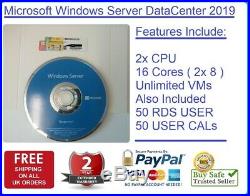 Microsoft Windows Server 2019 DATACENTER 2xCPU 16CORES + 50RDS + 50 USER CALs