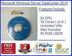 Sealed Microsoft Windows Server 2019 DATACENTER 2xCPU 16CORES & 50RDS USER CALs