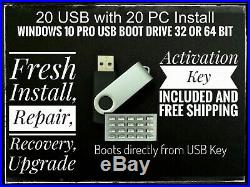Windows 10 Pro Installation Repair 8 GB 20 USB drive + 32/64 Bit 20 PC License