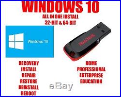 Windows 10 USB Repair Upgrade Reinstall Recovery All Home Pro 32-bit 64-bit x86